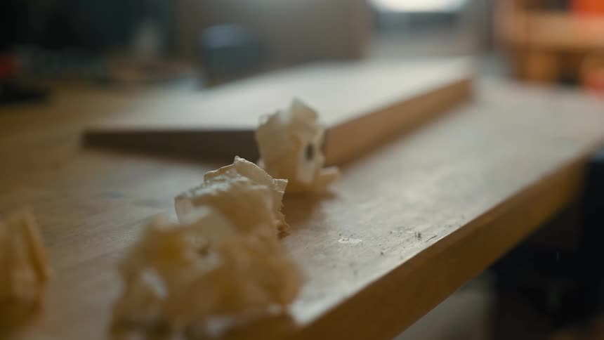 Shaved wood chips fall onto the table