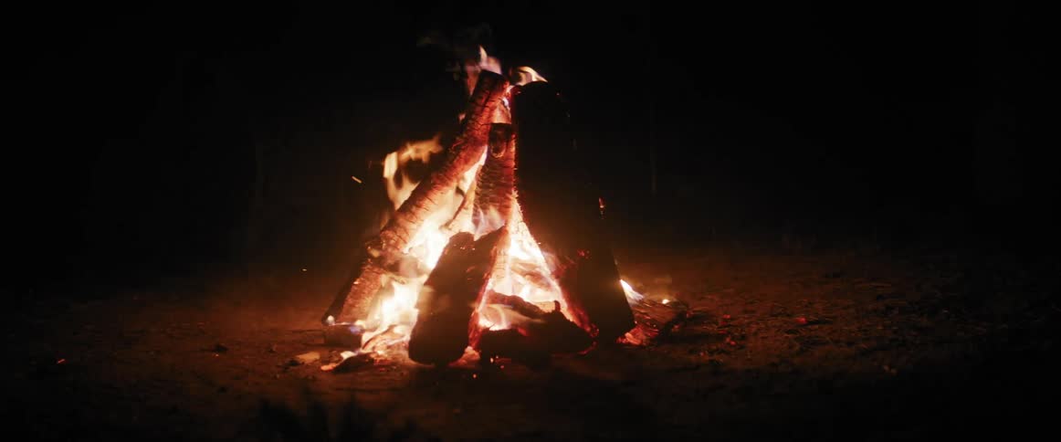 A campfire burns brightly in the night