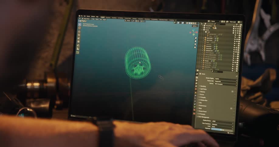 Man working on a laptop and looking at 3d parts of a motorcycle