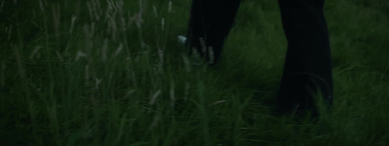 Person wearing black pants and white shoes walks across the green field