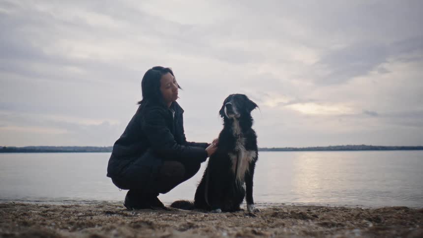 A woman pets a dog on a beach with a lake and a cloudy sky in the background