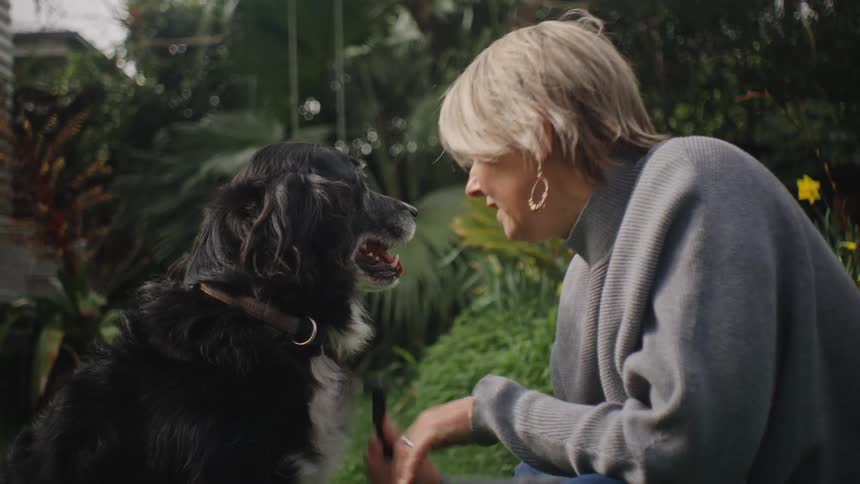 Woman crouching in a garden petting and grooming a dogs fur