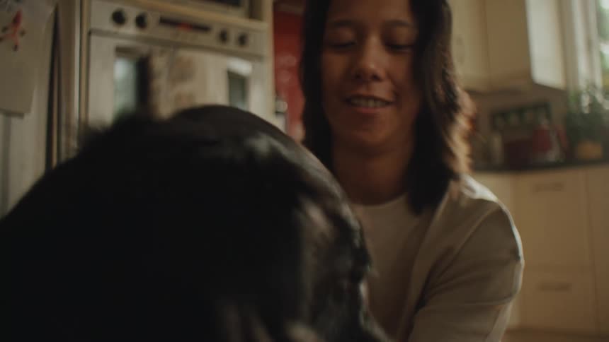 Person indoors in the kitchen petting a dog