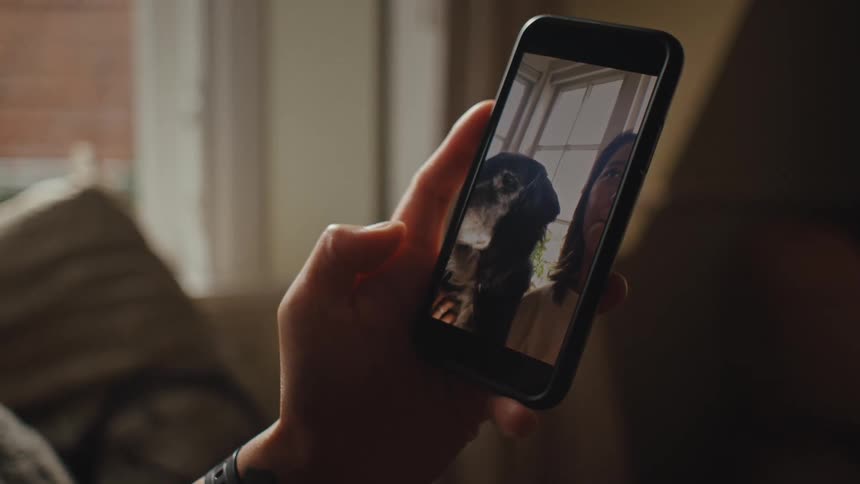 Hand holding a smartphone and interacting with a woman and a dog on a video call
