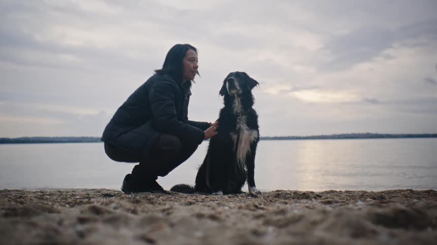 A woman in a black coat and pants pets her dog on a cloudy beach before walking away