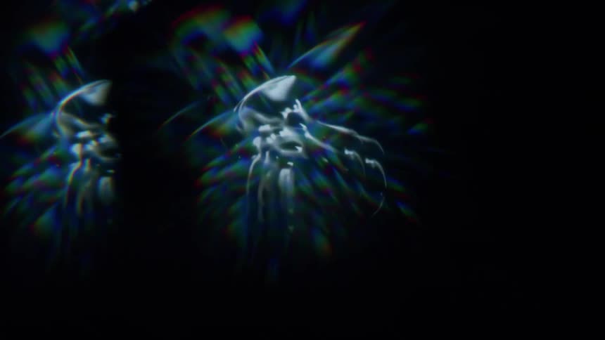 Multicolored lights form a faceted prism effect against a black background