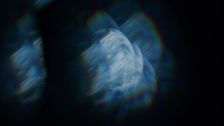 Cross on an abstract liquid blue sphere against a black background