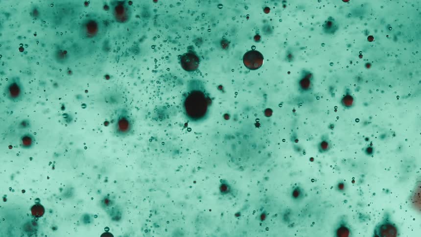 A teal surface dotted with dark brown bubbles