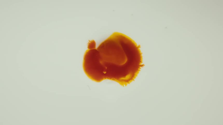 Close up of an expanding brown droplet against a white background