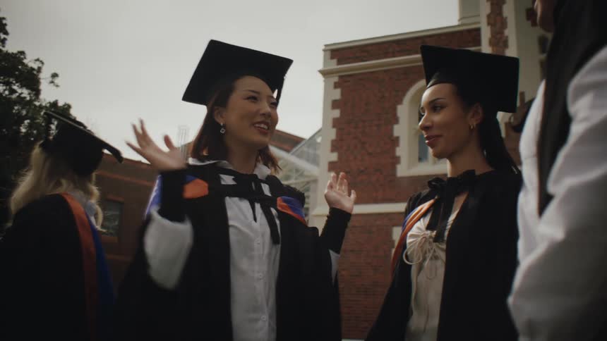 A clip of graduating students having a conversation