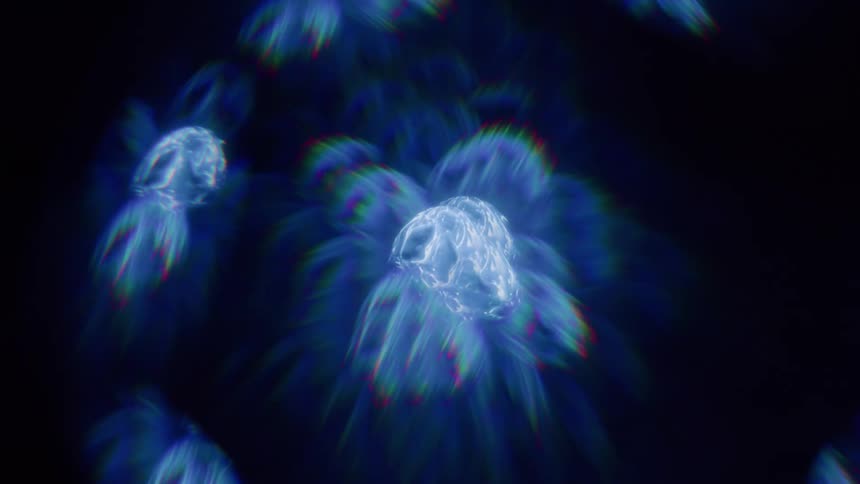 A collection of abstract iridescent shapes float against a dark background