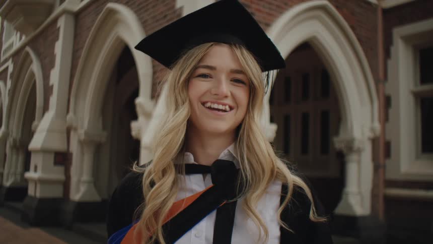A young woman with long blinde hair wearing a graduation cap and gown smiles at the camera