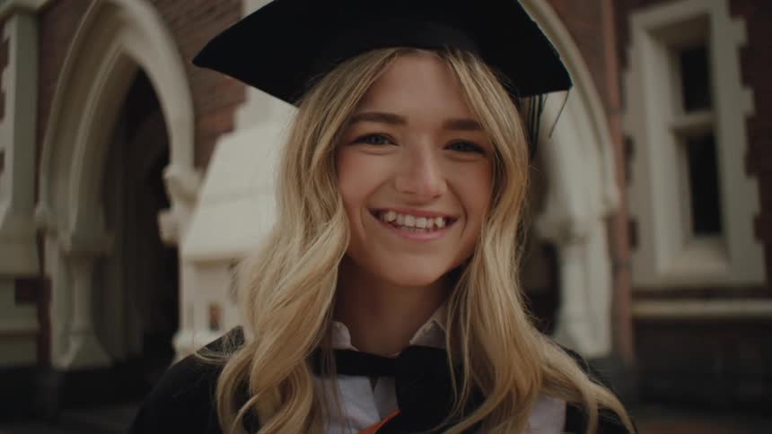 Portrait of a smiling young blonde woman in graduation gown