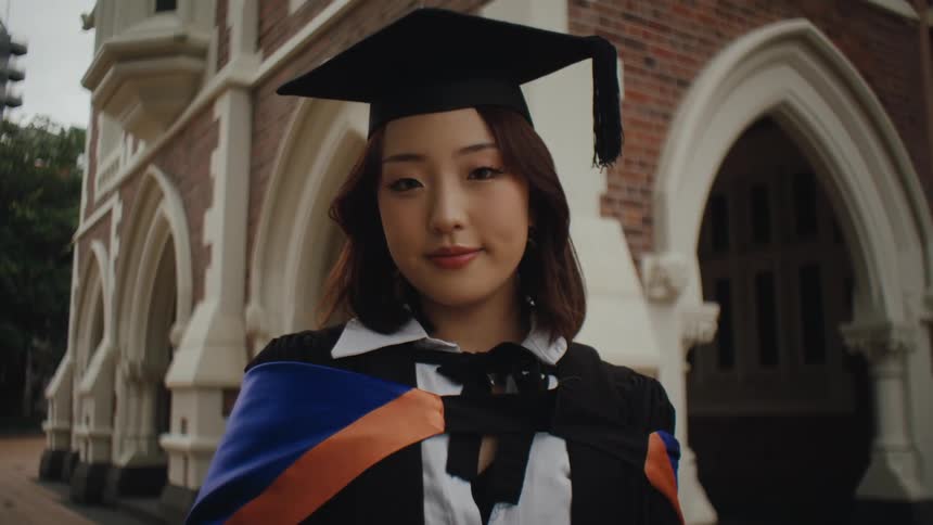Woman smiles while wearing her graduation garb