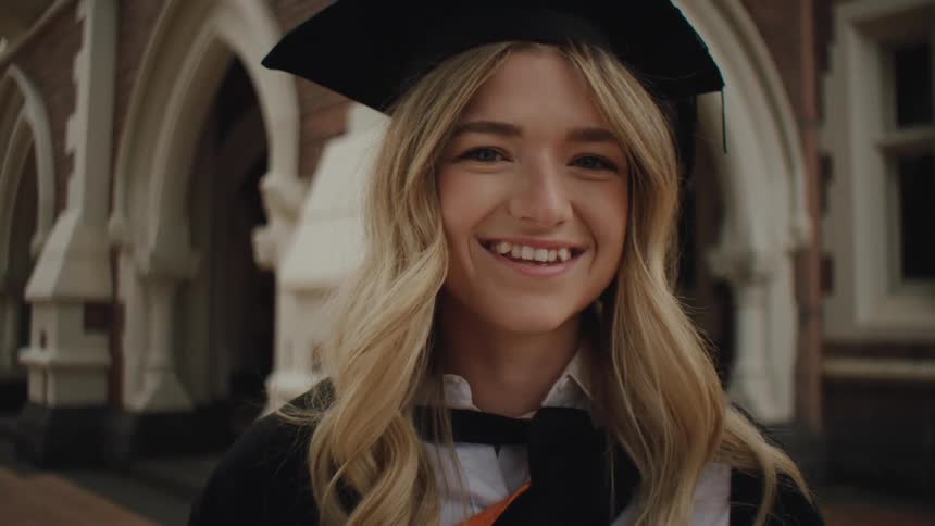 A young woman wearing a graduation cap and gown smiles at the camera