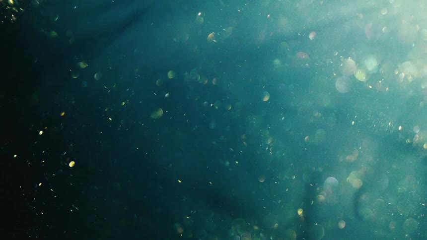 A dark blue liquid is sprinkled with small blue sparkly dots