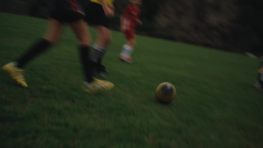 Children playing soccer on a grassy field