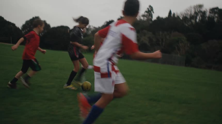 A group of kids kick a soccer ball down a field