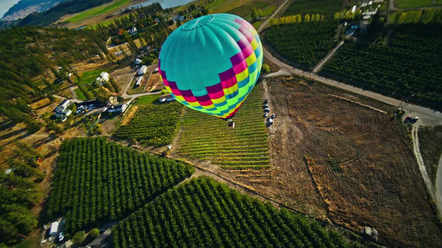 An aerial clip of a coloful balloon flying over the farm