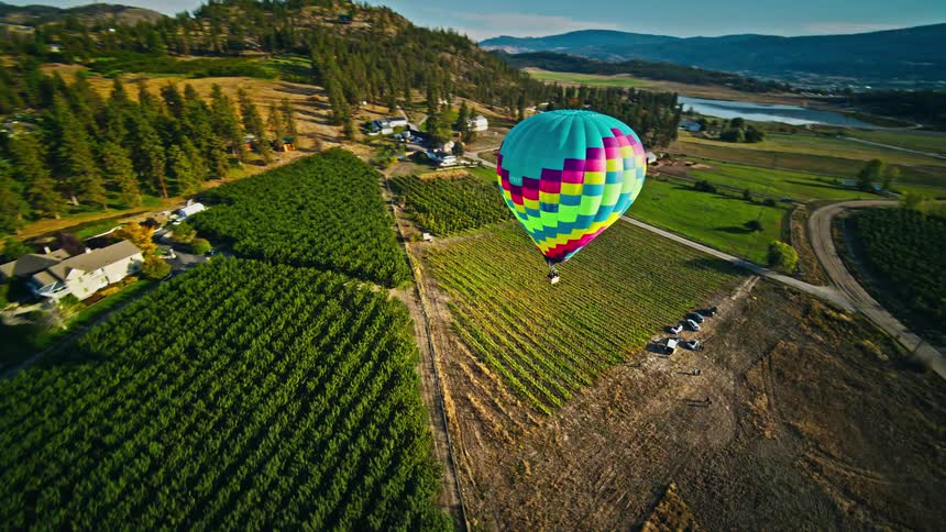 Aerial panorama of a colorful balloon above a rural area