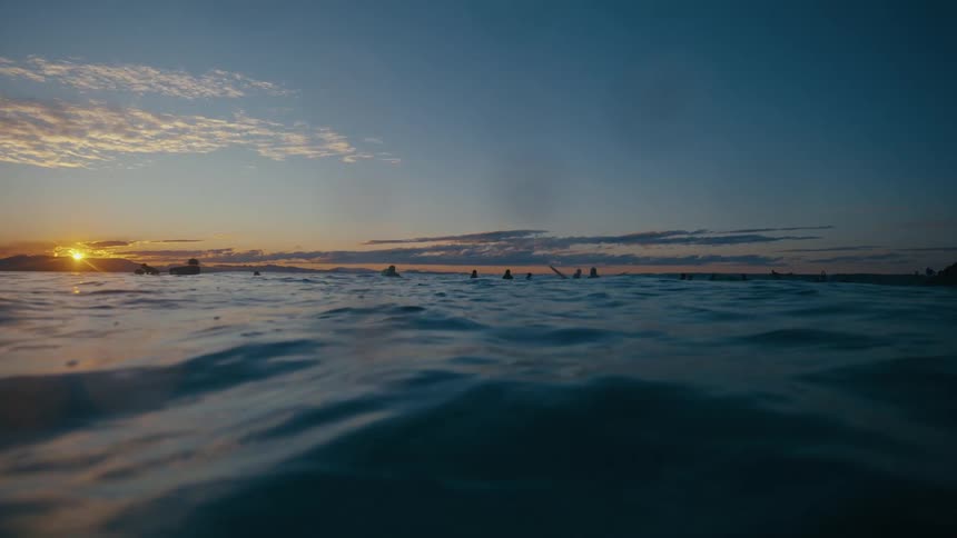Group of surfers in the ocean at dawn