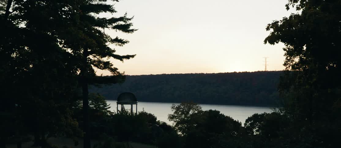Silhouette of a landscape at dusk with trees in the foreground and a water tower in the background over a body of water