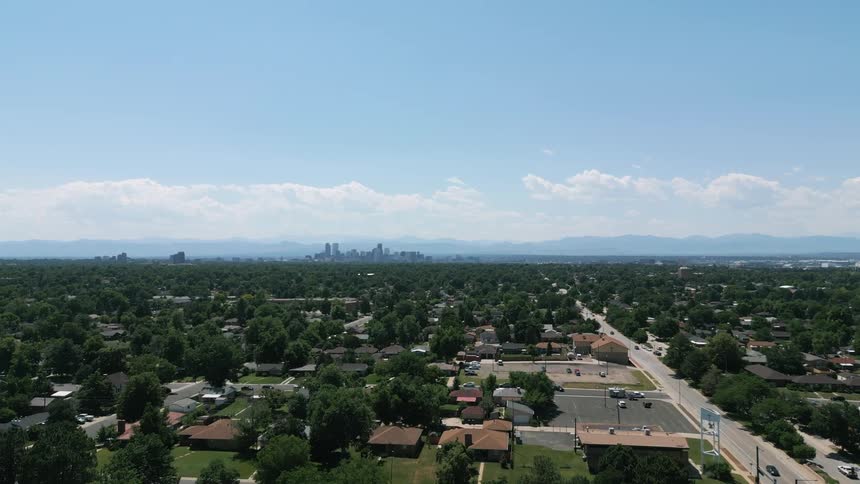 Aerial view of a suburban area with clear skies