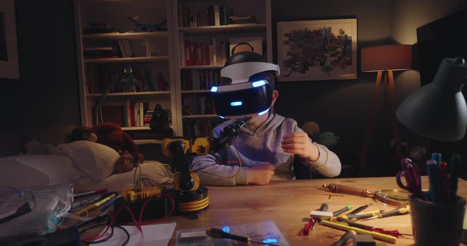 A close up clip of a kid using a headset
