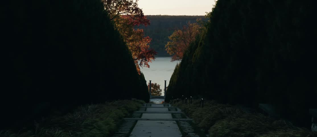 Path between two large dark hedges leads to a body of water with autumncolored trees in the background under a twilight sky