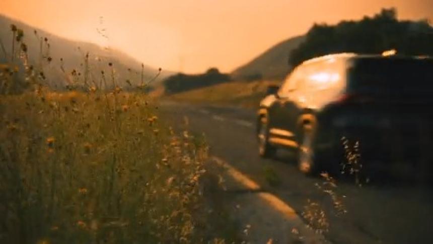 Wind blows wild flowers as an SUV evacuates the mountains
