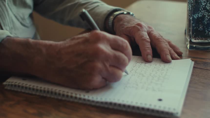 An elderly man writing a letter looks up with a happy daydreaming expression