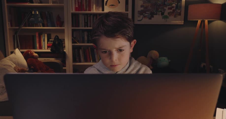 A child smiles as he looks at his laptop