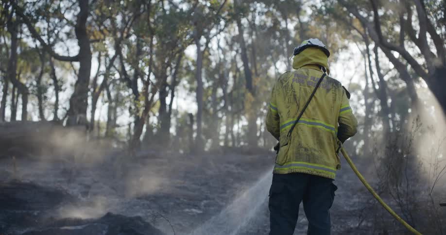 A clip of a firefighter wetting the woods