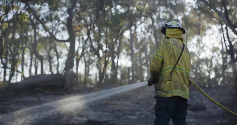 Firefighter sprays water on the ground in a smoky forest