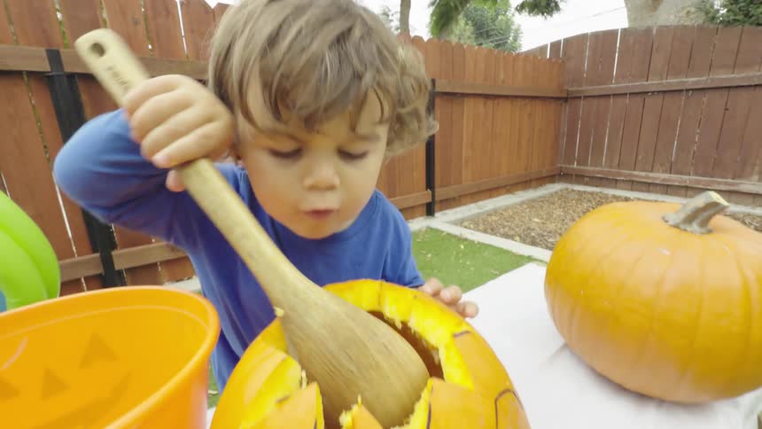 Little boy with a slotted spoon putting inside a large pumpkin