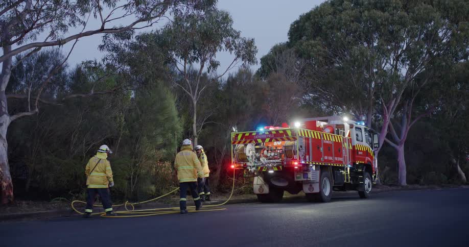 A clop of firefighters by the road side