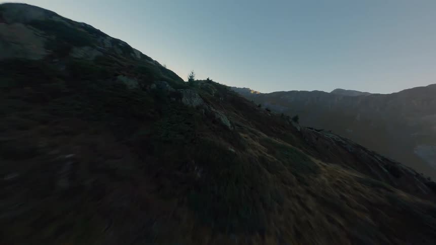 Flying low over sparse trees on a rocky mountain with an FPV drone