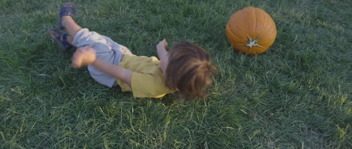 A child is rolling around on the grass in the pumpkin patch
