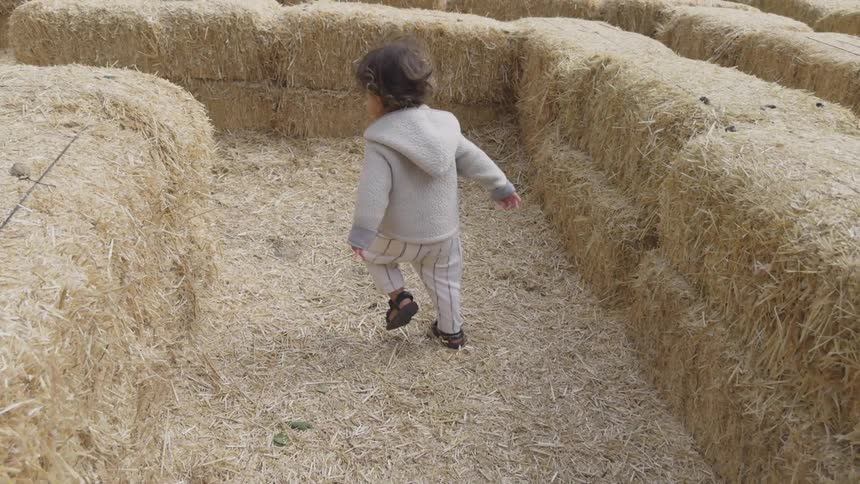 Small child seen from behind running through a maze made of hay bales