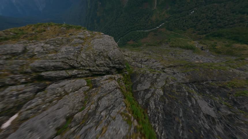 Moss and other plants grow on the side of a steep mountain cliff