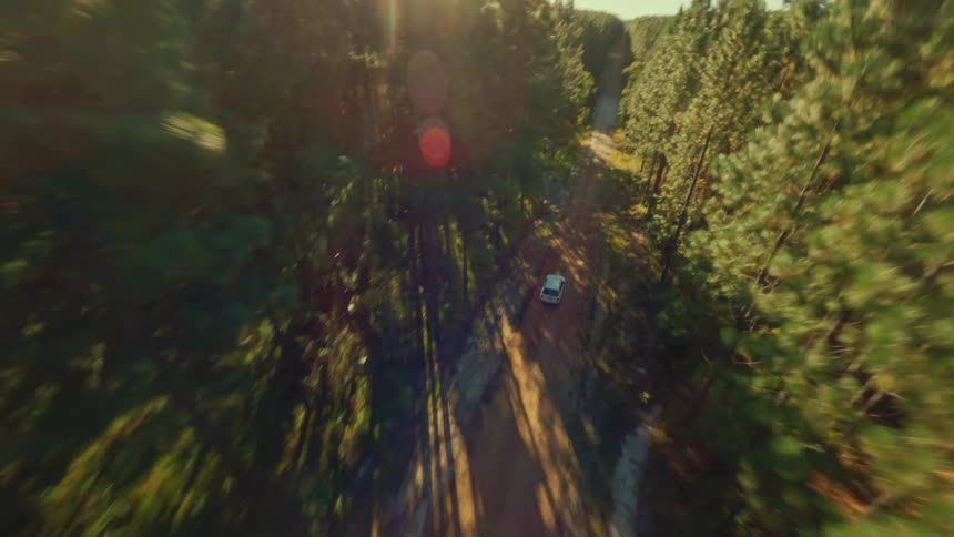 Dynamic clip diving down towards a white car moving in the woods with an FPV Drone