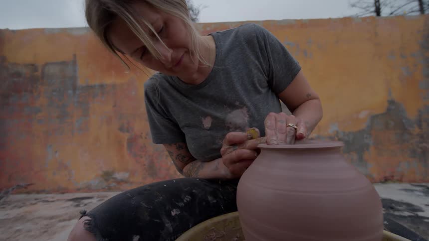 Woman modeling a clay vase