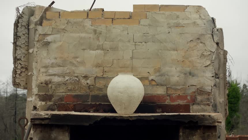 Vase stands on the mantel of the fireplace remaining from a destroyed home
