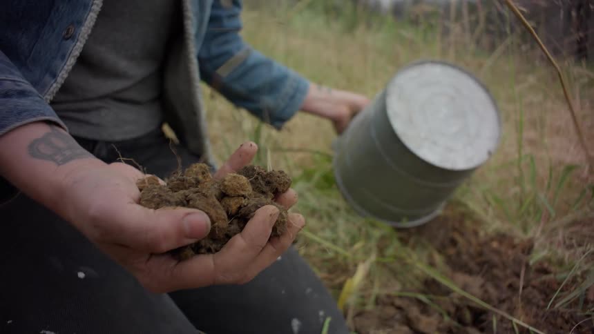 Close up of a womans hands picking up soil and placing it in a metal bucket