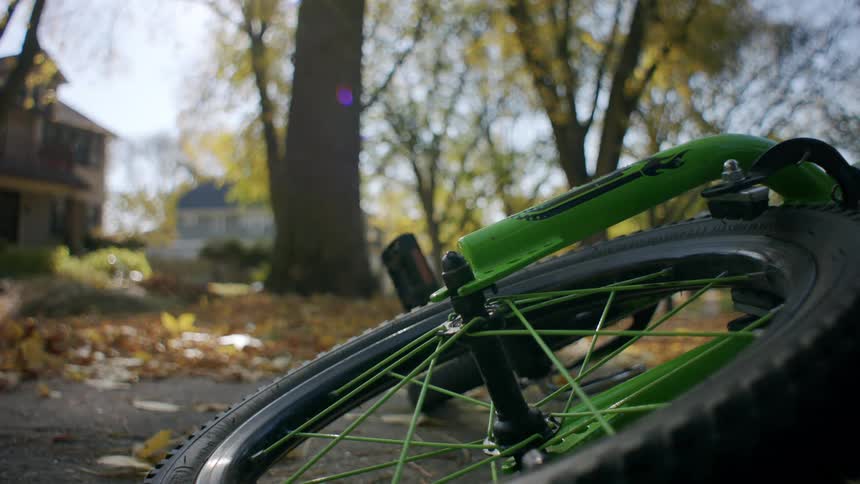 A bicycle on the ground in a neighborhood covered in autumn leaves