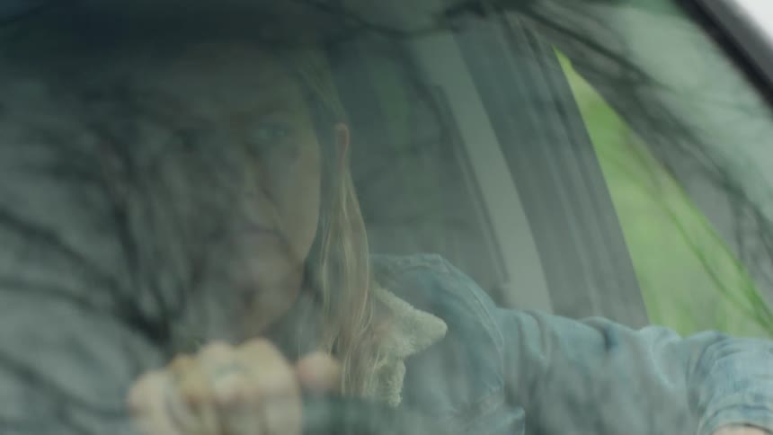 Closeup of bare tree branches reflected on the windshield of a car driven by a woman