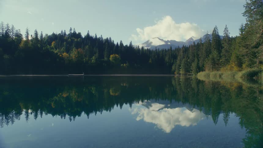 Serene landscape with a calm lake reflecting the surrounding forest and mountains under a clear sky