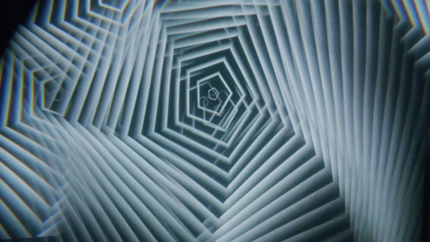 A spinning pattern of overlapping pentagons creating a sense of depth and perspective