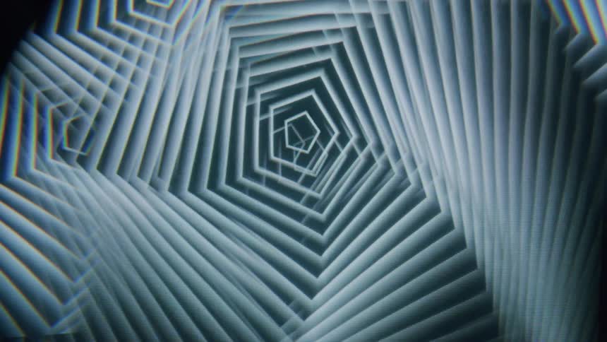A spinning pattern of overlapping pentagons creating a sense of depth and perspective