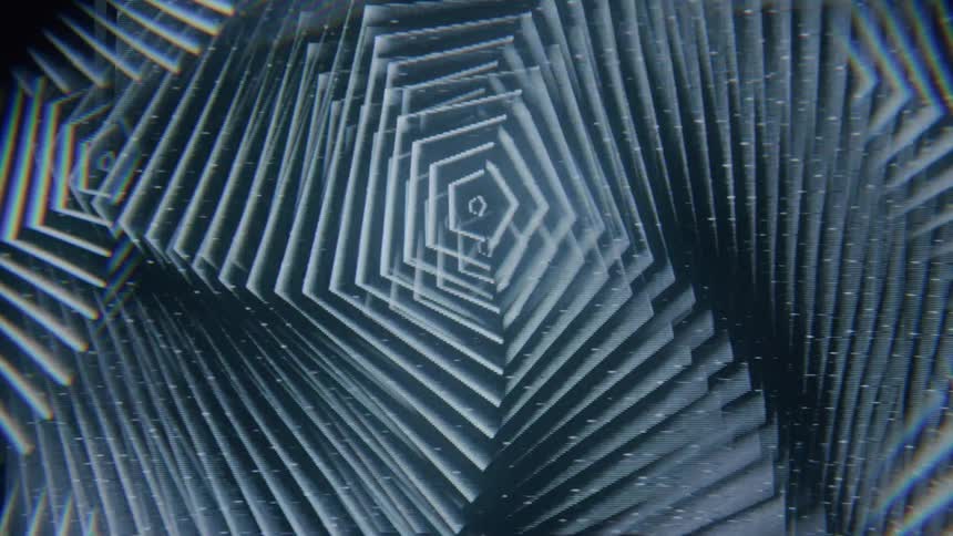 A spinning pattern of overlapping pentagons projected on a glitching screen